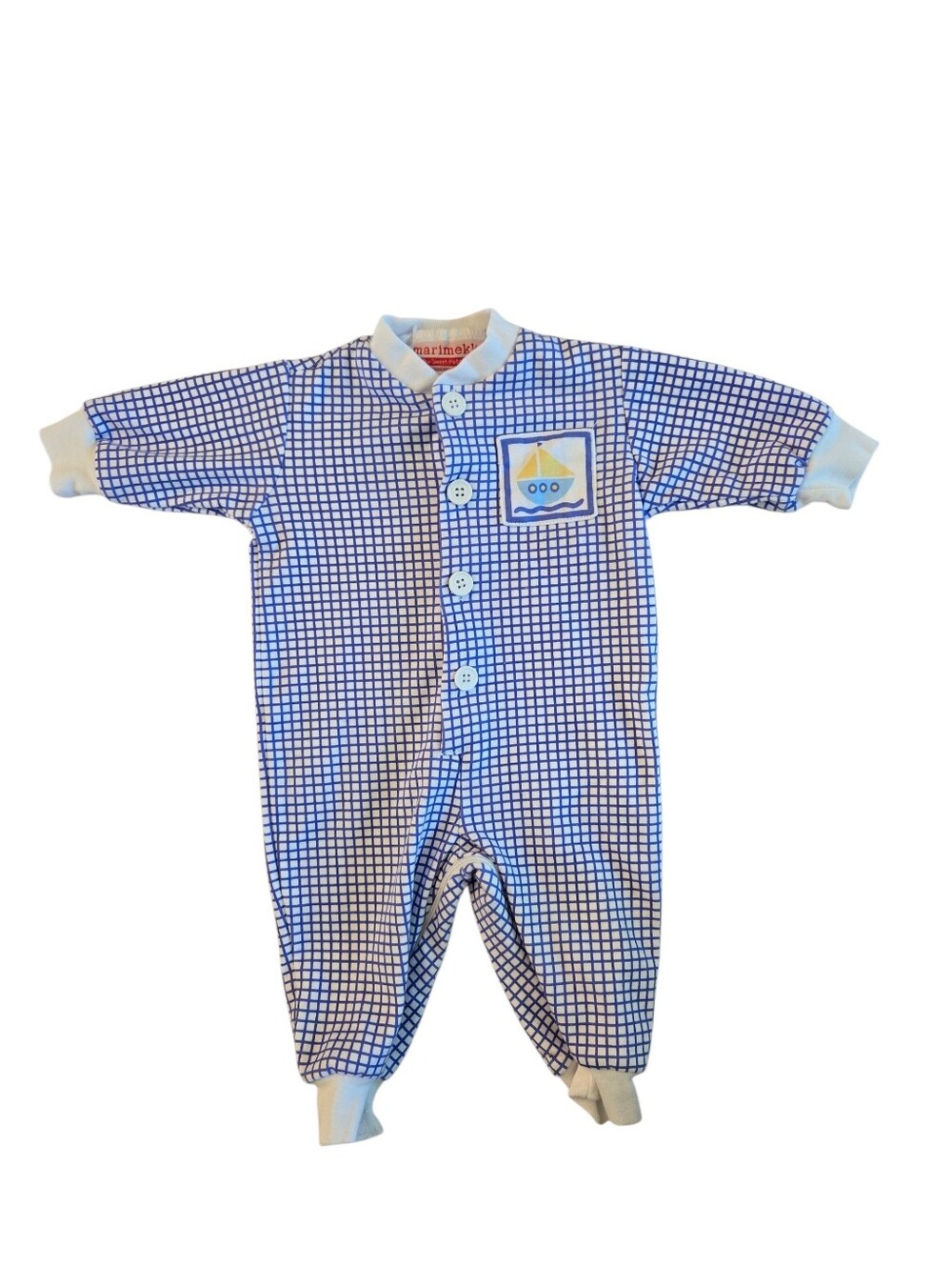 Marimekko By Sweet Potatoes Blue Grid Footed Baby One-Piece with Sailboat Patch
